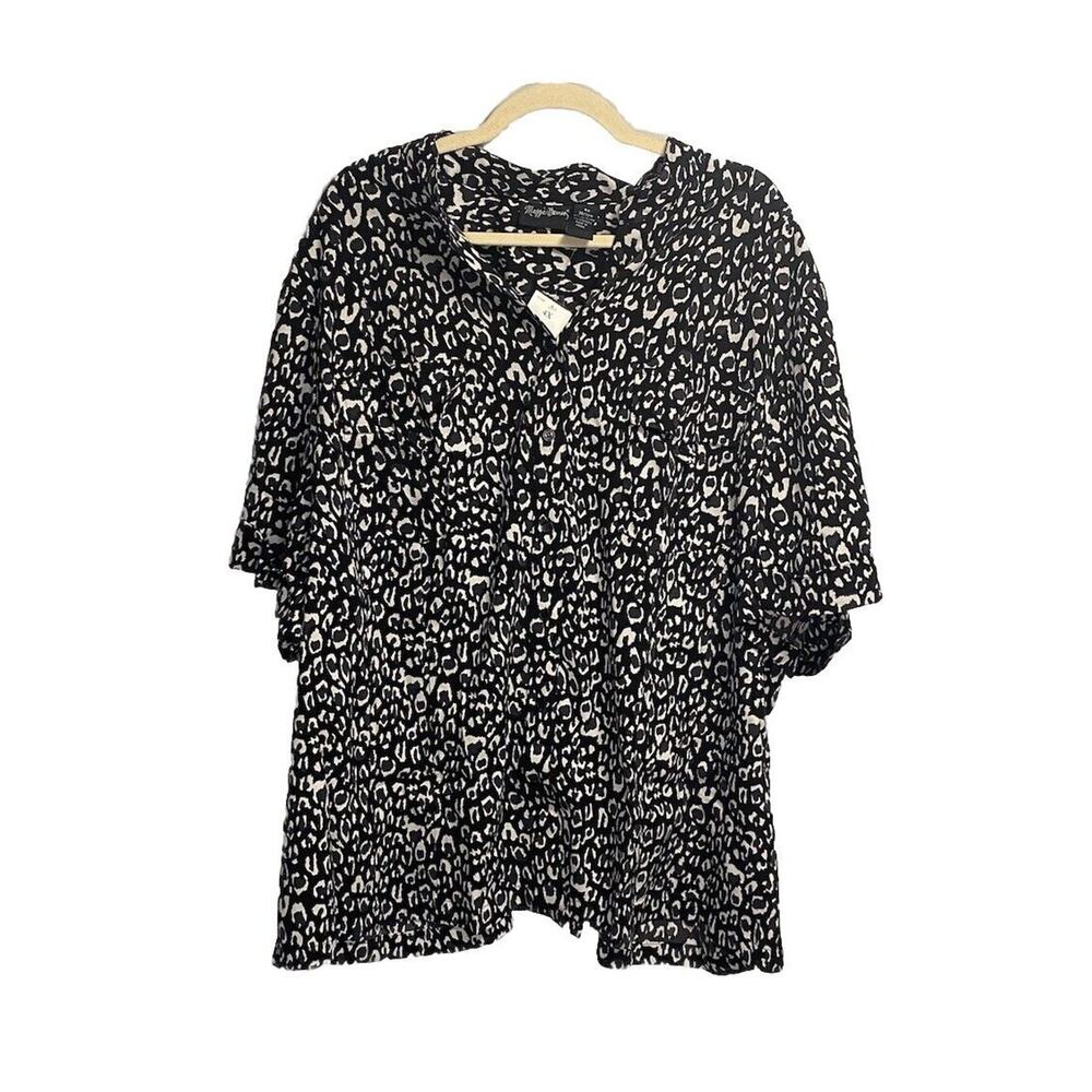 New Maggie Barnes Top Women’s 4X‎ Plus Button Front Leopard Print Stretch Black